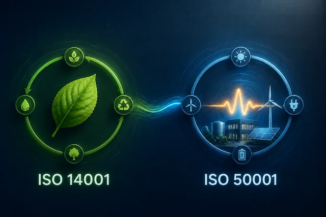 Simbolni prikaz standardov ISO 14001 za ravnanje z okoljem in ISO 50001 za upravljanje z energijo